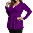 thumbnail image 3 of Plus Size V Neck Long Sleeve Tops for Women Solid Color Casual Pleated T-shirt Spring Autumn Lightweight Blouse,Female Plus Size Slim Fit Pullover Tops,L-36XL, 3 of 5