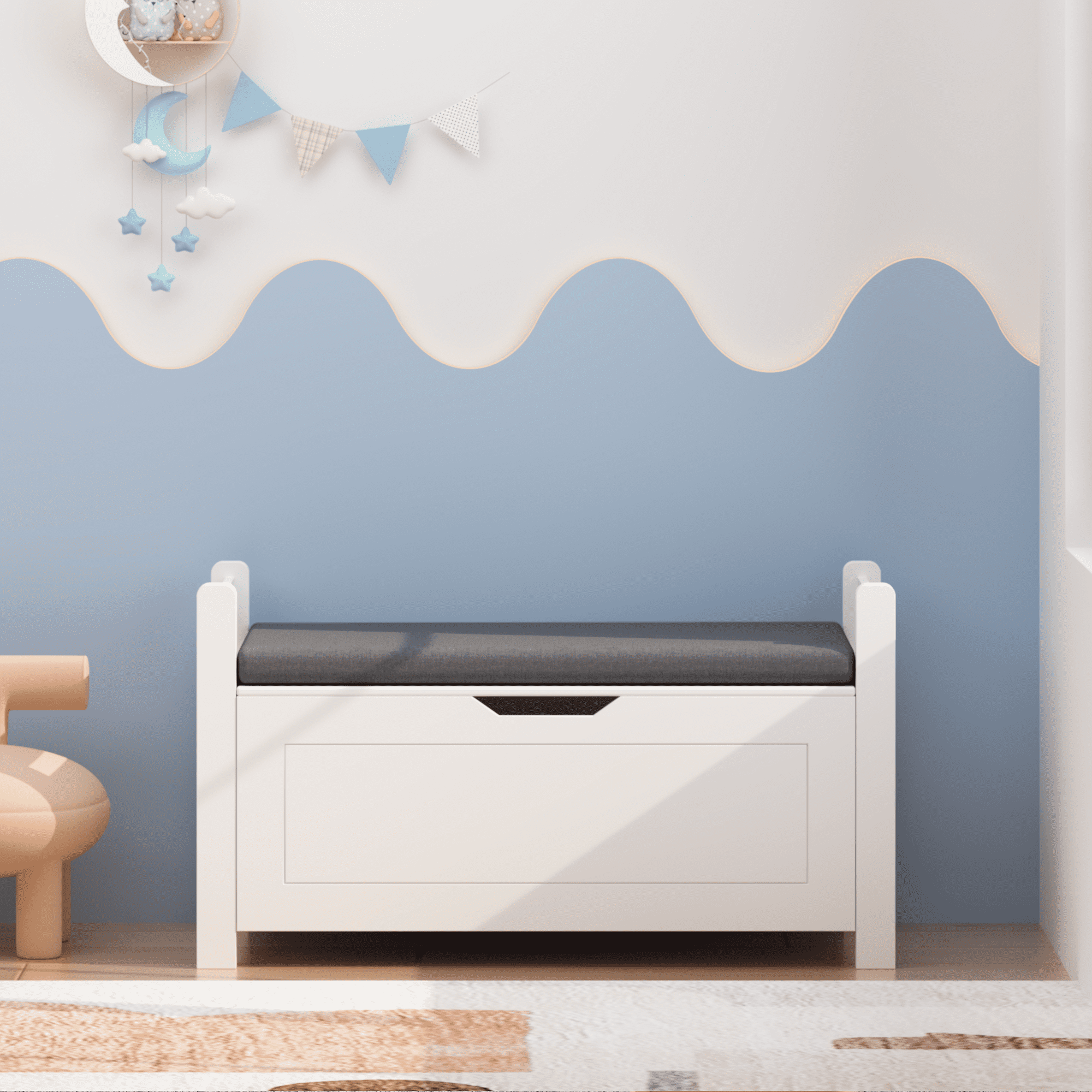 White Kids Toy Storage Chest with Cushioned Seat & Slow Safety Hinge, Flip Top Toy Organizer for Nursery Playroom
