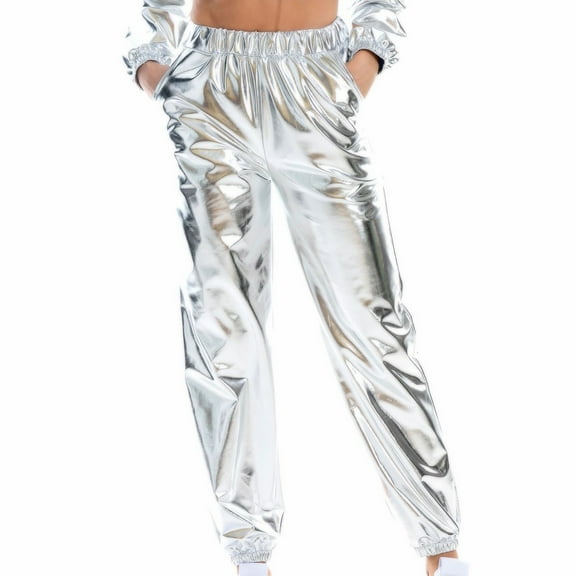 Yuanlook Womens Harem Pants,Shiny Metallic High Waist Stretchy Jogger Pants Cinch Bottom Cargo Pants - Silver - S