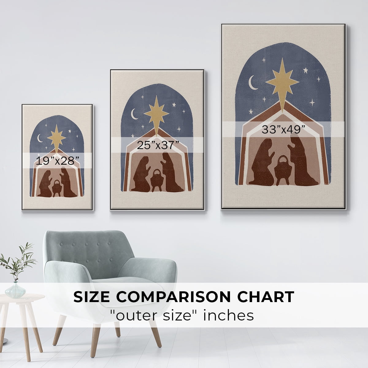 Boho Nativity I - Framed Gallery Wrapped Holiday Canvas - 27 x 41 - White Frame