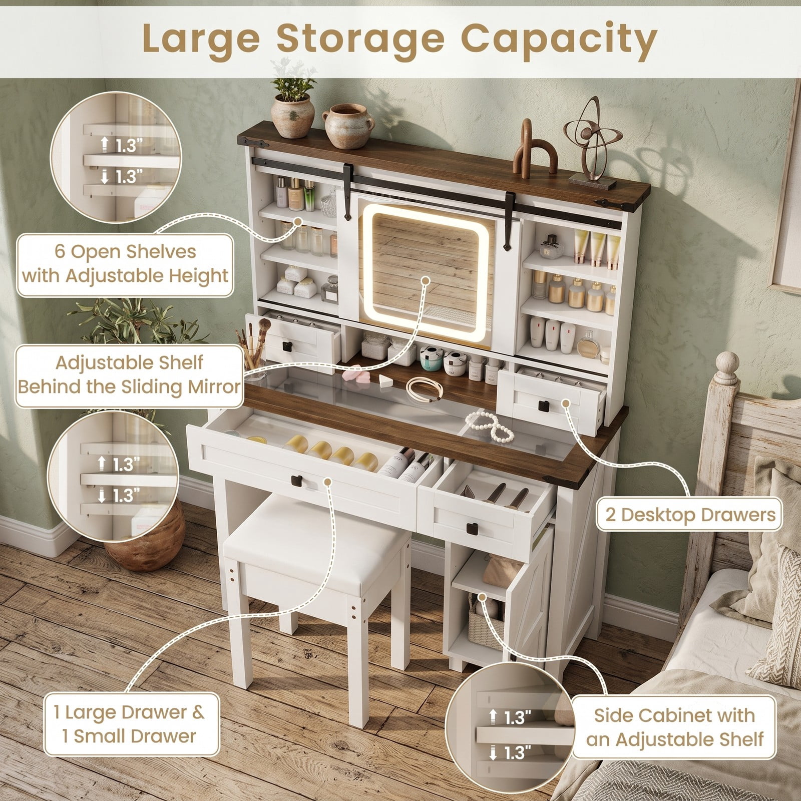 Furnibear Farmhouse Makeup Vanity Desk with 3 Color LED Sliding Mirror and 4 Drawers and Side Cabinet and Padded Stool, White