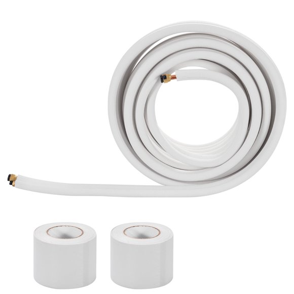 KFFKFF 100ft Mini Split Line Set, 3/8” & 5/8” OD AC Copper Tubing Pipe, 3/8 White PE Thickened Insulated Coil with Flared Nuts, Strapping Tapes