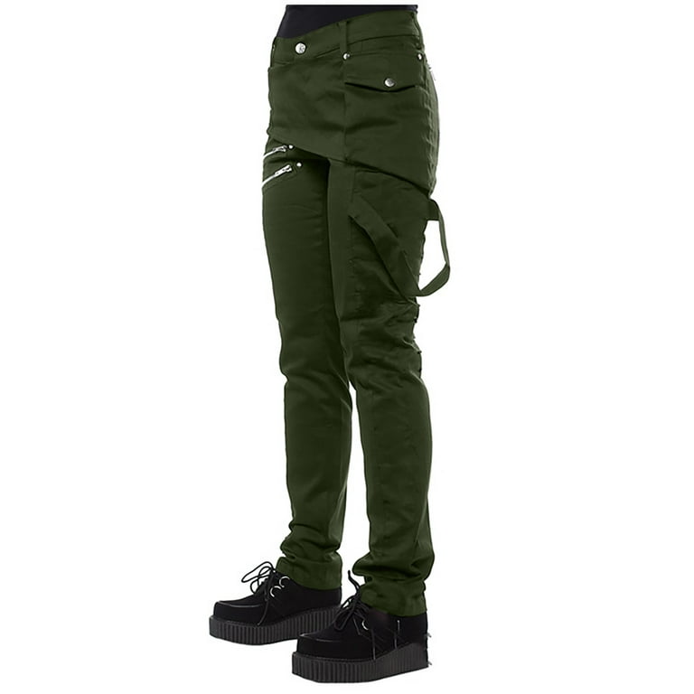 YYDGH Women Casual Trousers 4 Buckle Side Snap With Pockets Zipper Long  Pants Army Green S