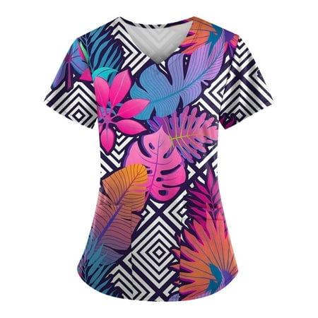 

Apepal Women T-shirt Cute Print Short Sleeve V-neck Top Work Uniform Pocket Scrub Tops
