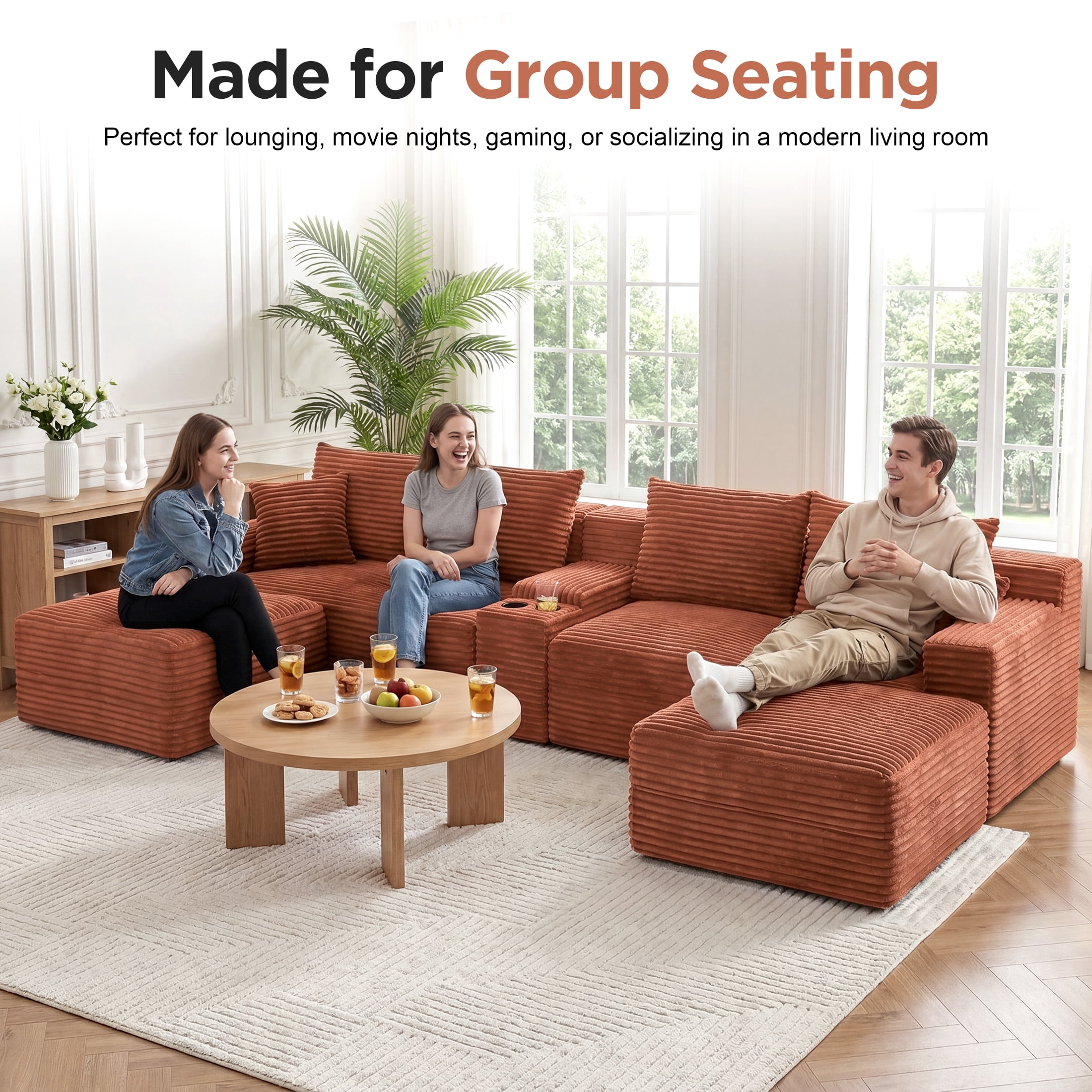 Aenkyo 127" Corduroy U-Shaped Modular Sectional Sofa with Storage Console and Cup Holder, Orange