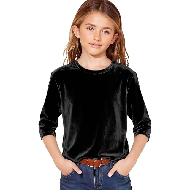 AWZXDE T-Shirt en Velours pour Filles à Manches 3/4, Doux, Col Rond, Hauts Décontractés pour Filles, T-Shirt de Base Confortable 3-14 Ans