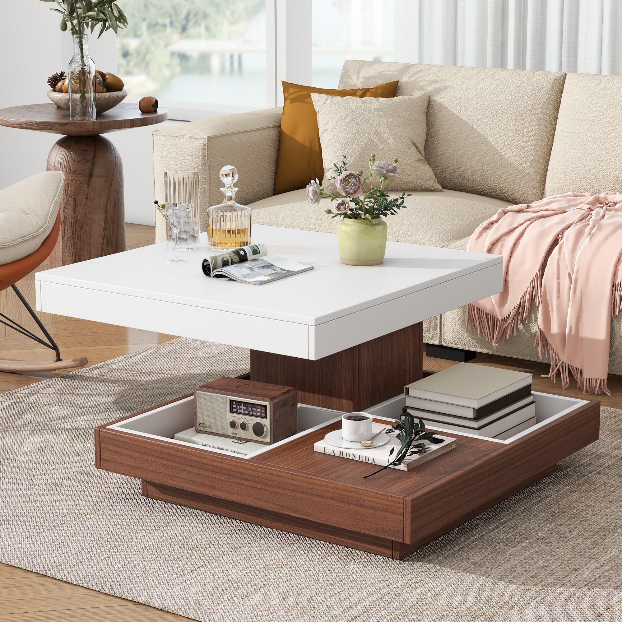 MAYEERTY Modern Square 360° Rotating Coffee Table with Three Detachable Trays, 2-Tier Farmhouse Wood Center Table with Storage for Living Room, White, 27.5*27.5in