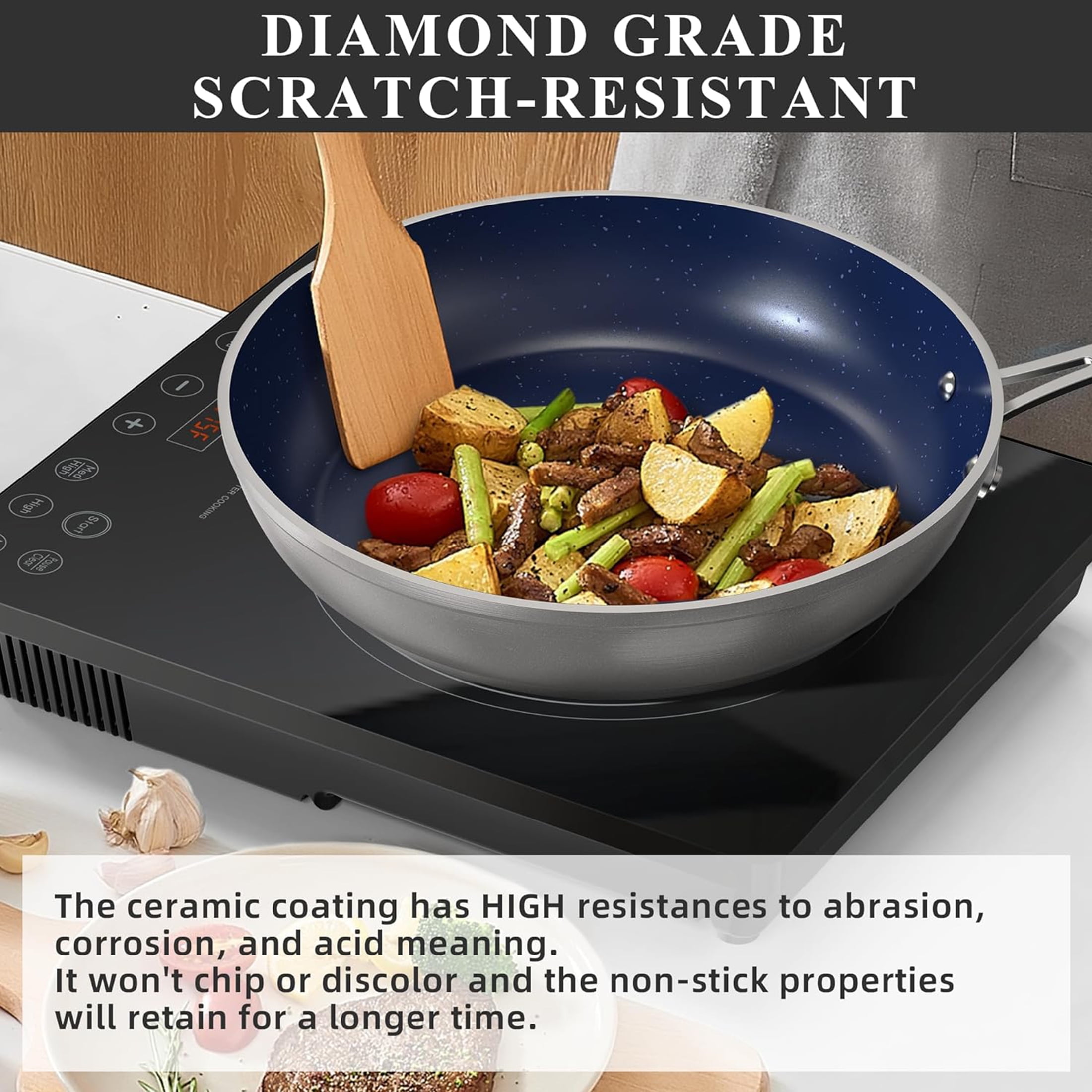 Nuwave 12pcs Non-Stick Cookware Set, Healthy Duralon Blue Ceramic Nonstick Pots and Pans Set , Lightweight Cookware Set works on All Cooktops, Tempered Glass Lids & Stay-Cool Handles, Metallic Tinsel