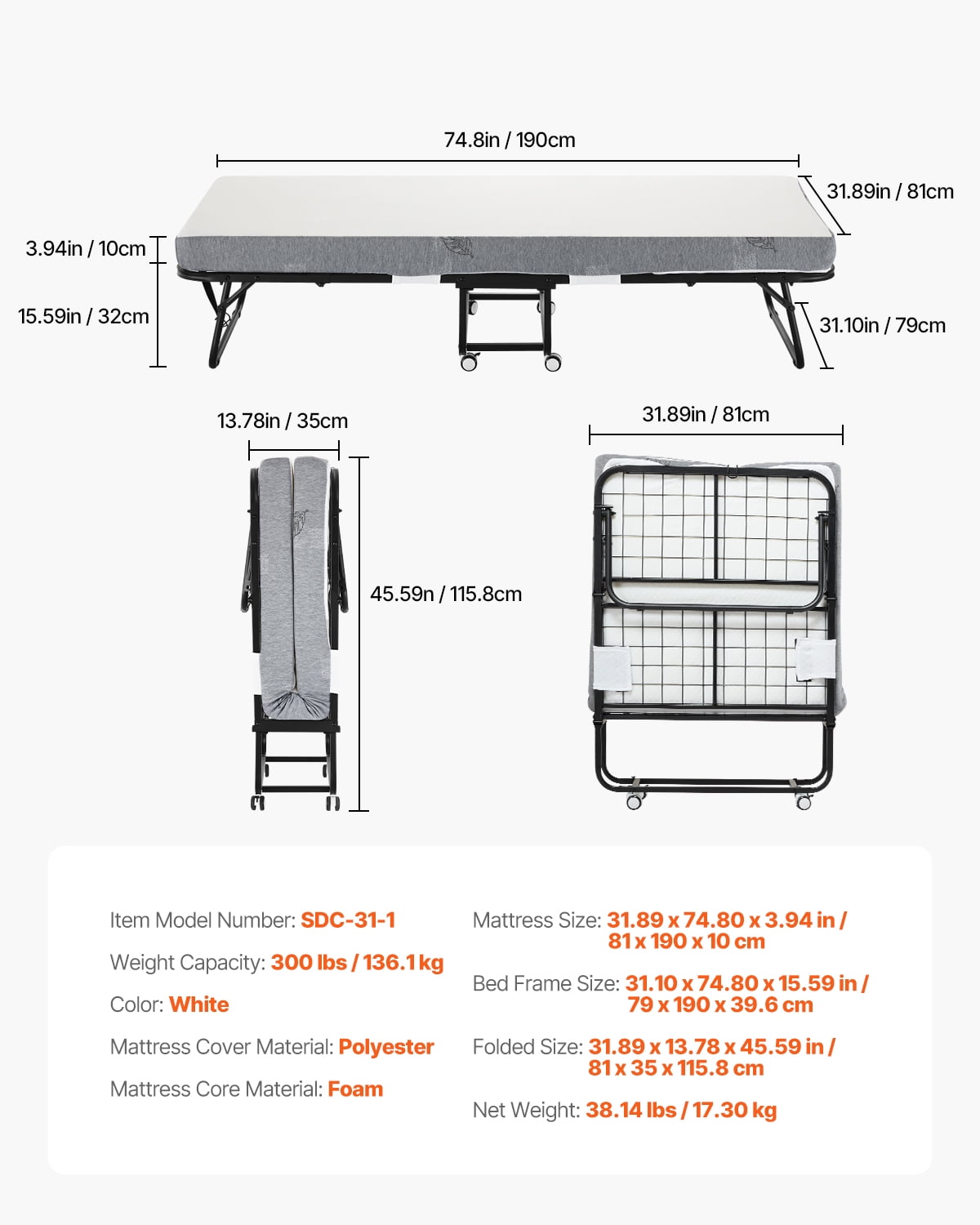 KFFKFF Collapsible Bed, Dimensions 31 in x 75 in, Comes with 4 in Mattress, Twin Size Retractable Bed Featuring Robust Metal Structure & Memory Foam Mattress, Movable Twin Retractable Bed