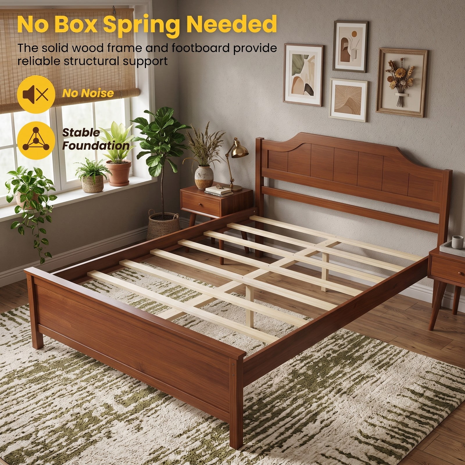 Furnibear Full Size Bed Frame Solid Wood Platform Bed with Arched Headboard and Slat Support, No Box Spring Needed, Walnut