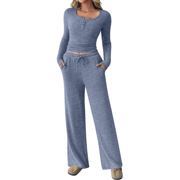 Women'S 2 Piece Matching Lounge Sets Fall Outfits Henley Neck Sweater Top Wide Leg Pants Sweat Suits XL