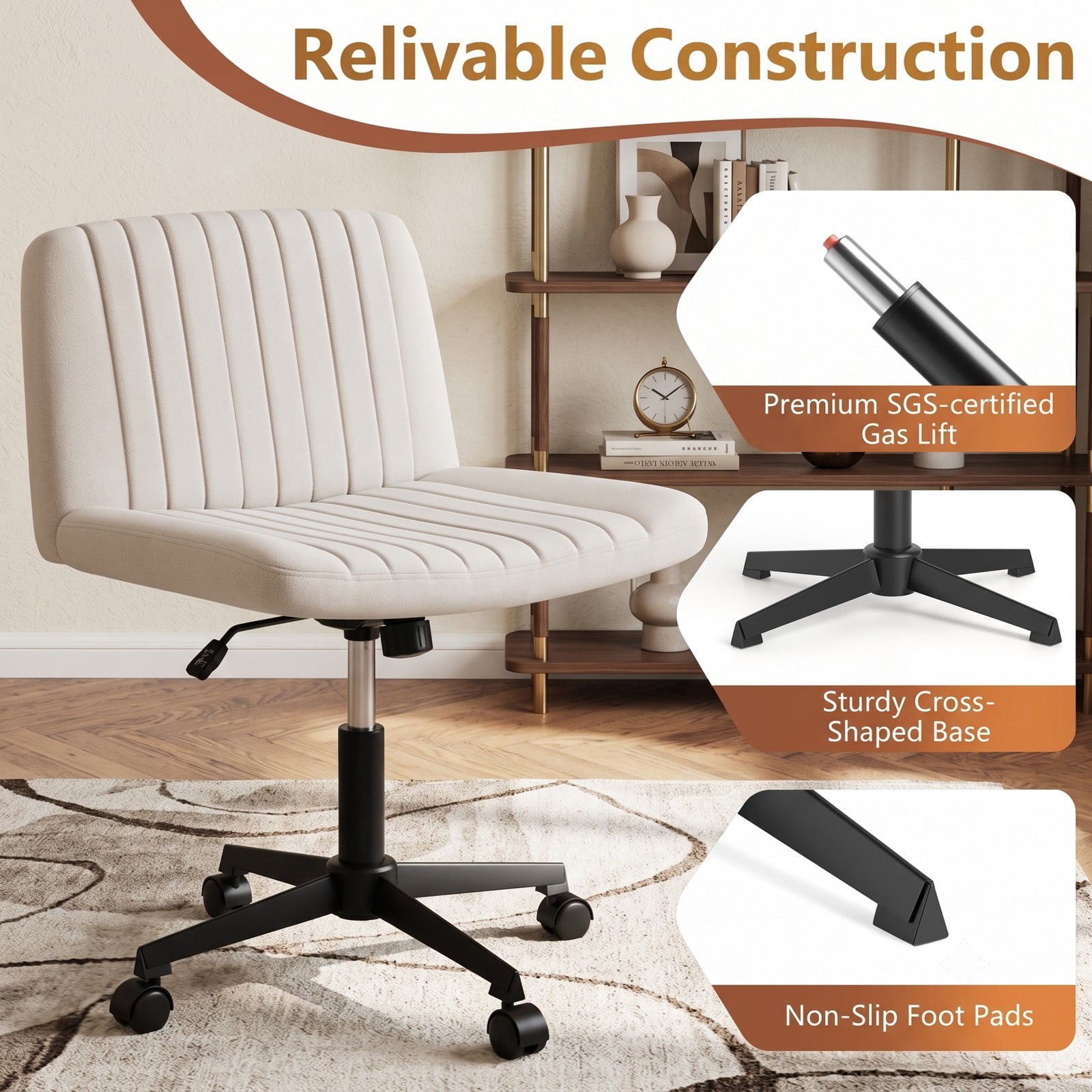 Furnibear Criss Cross Swivel Desk Chair No Wheels, Wide Armless Home Office Task Chair with Linen Upholstery, Height Adjustable Rocking Cross-Legged Accent, Beige
