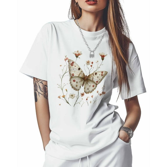 Women's T-Shirts, White Butterfly Floral Flower Cotton Crewneck Tee Short Sleeve Casual Tops Loose Graphic T-Shirt White, XL