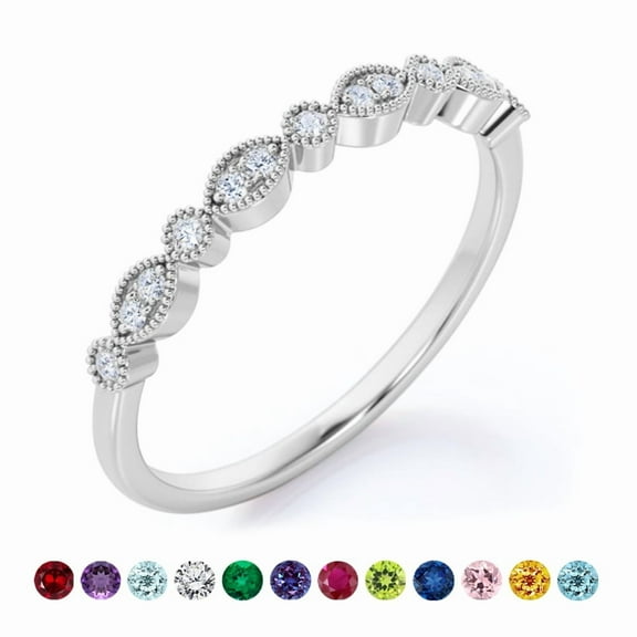 JeenMata Art-Deco 0.25 Carat Round Brilliant Cut April Birthstone Filigree Milgrain Wedding Band in 18K White Gold Plating for Women