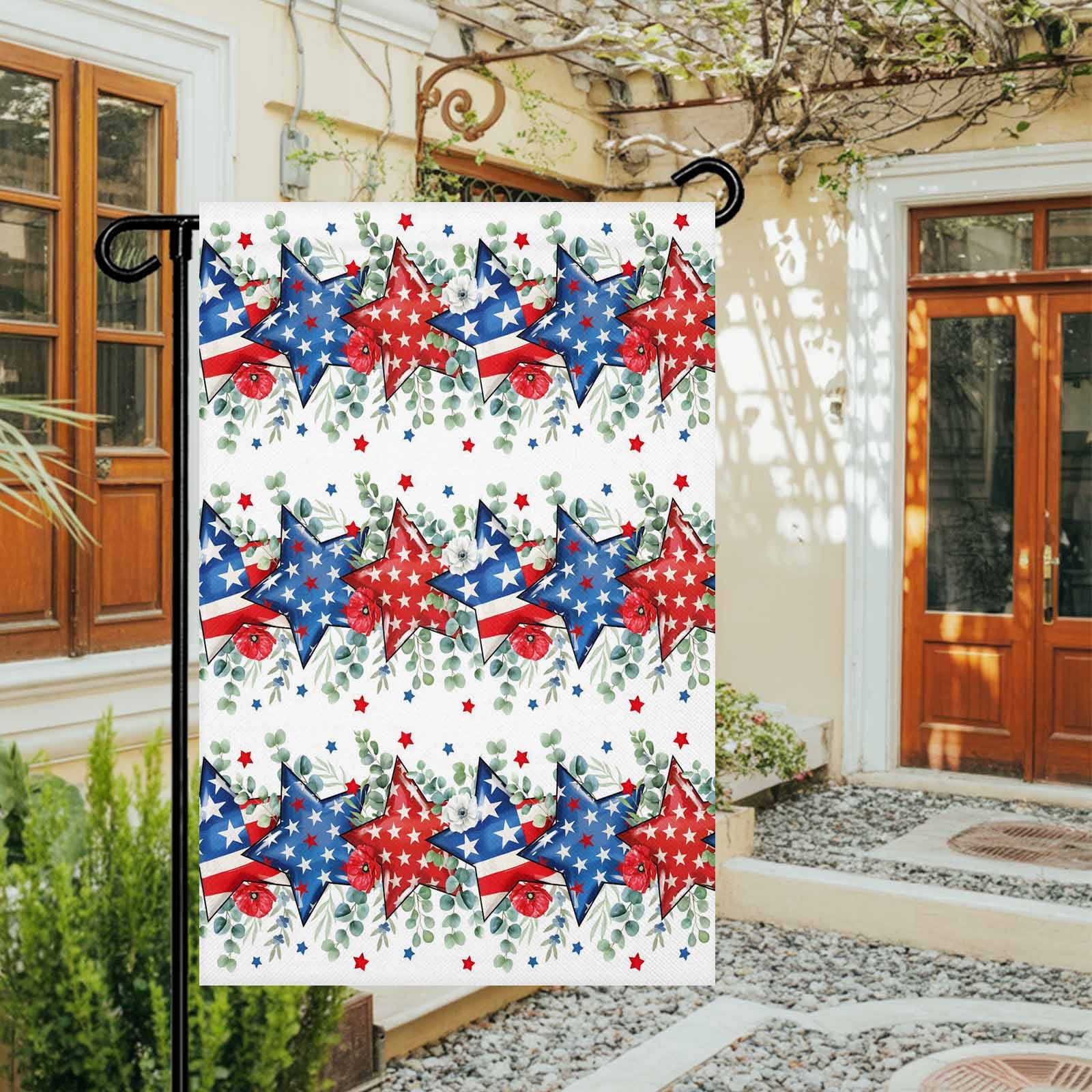 4th of July Garden Flags Patriotic Star Poppy Garden Flag Double Sided Welcome Flag Eucalyptus Leaves USA Flag Independence Day Yard Flags for Outdoor Lawn Porch Memorial Day Decor 28x40 Inch