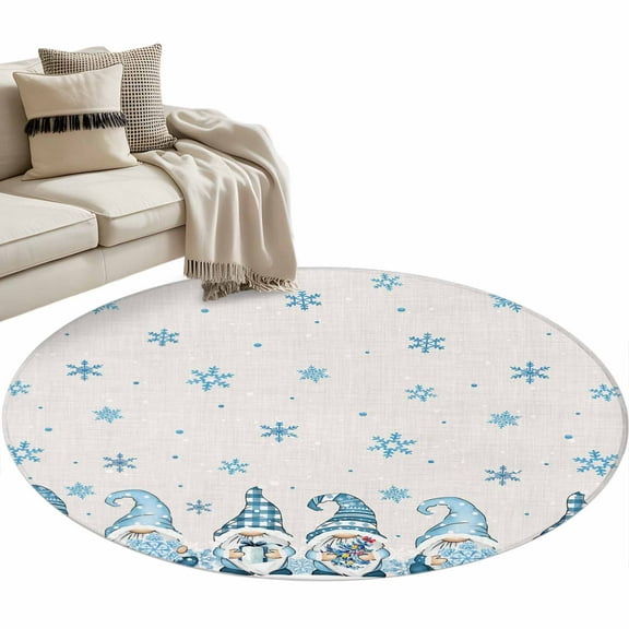 Blue Gnomes Christmas Round Area Rug 3 FT, Small Kitchen Bathroom Mat, Blue Winter Snowflake Xmas Tree Rustic Washable Indoor Outdoor Throw Runner Carpet Doormat for Table Shower Sofa Entryway