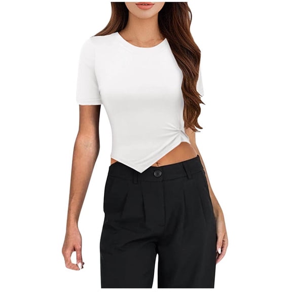 Njagoc3 Women's Crew Neck Short Sleeve Side-Slit Slim Fit Cropped Top,White,S