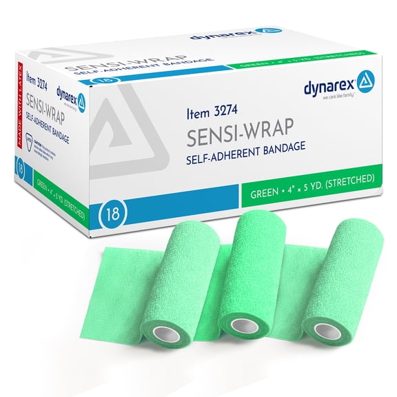 Dynarex Sensi-Wrap Self-Adhesive Bandages, 18-Pack, 4" x 5 yards, Green, Latex, Colored Elastic Cohesive Athletic Tape, Tattoo Grip & Vet Wrap