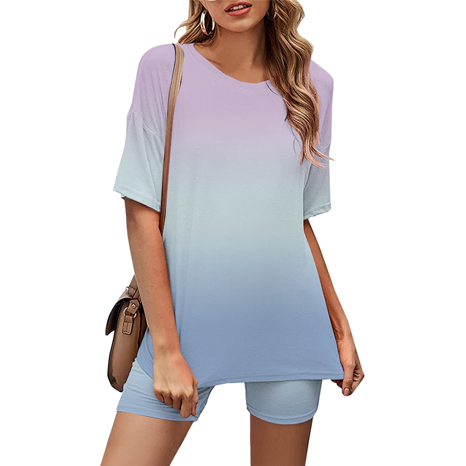 Ensemble De Survêtement 2 Pièces Pour Femme Avec T-shirt à Col En V Et Short De Cyclisme Pour Femme, Bleu, S