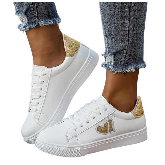 Women's Glitter Heart Fashion Slip On Sneakers Faux Leather Classic Tennis Shoes Low Top Casual Walking Skate Shoes Gold Size 6.5