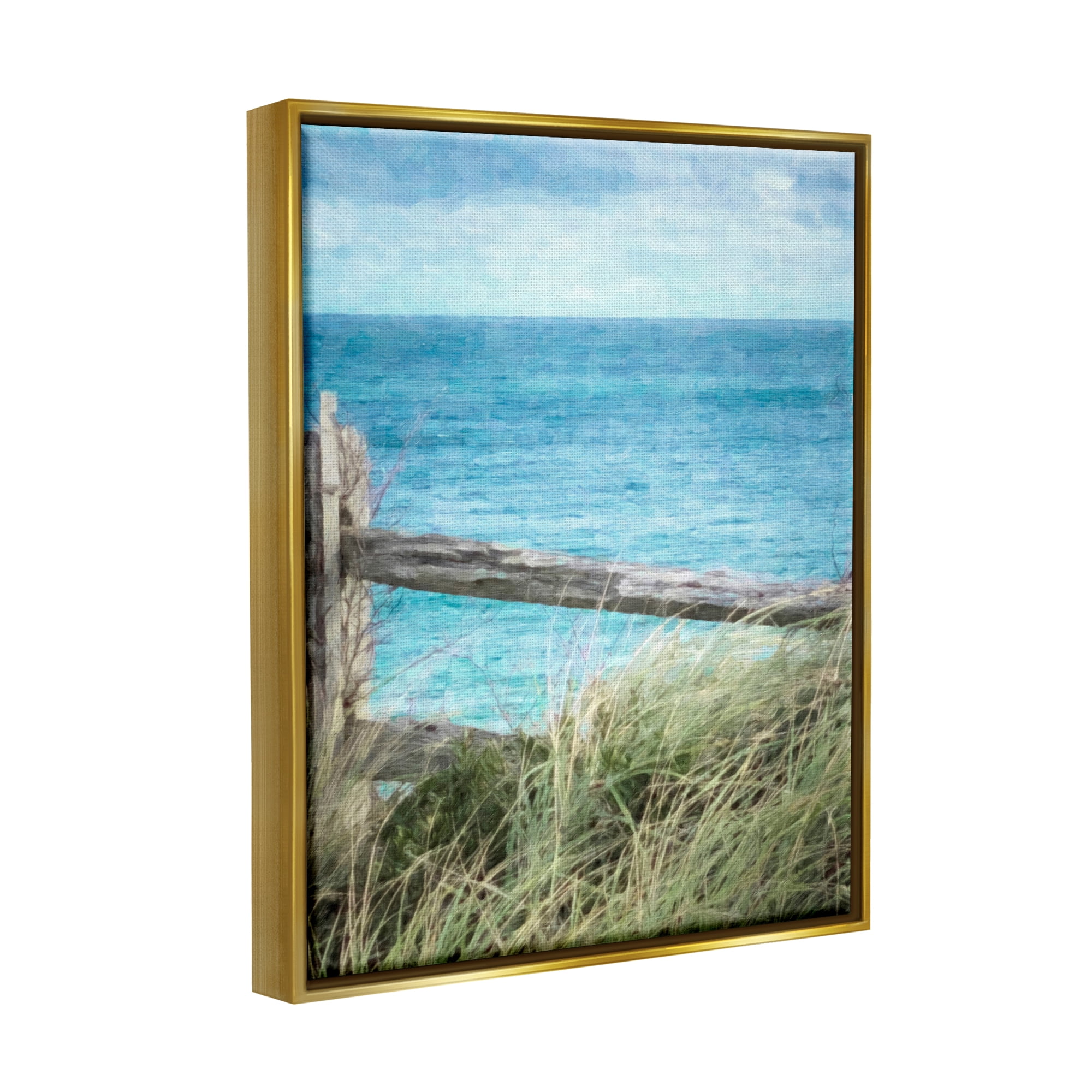 Stupell Industries Waterfront Beach Fence Nature Photography Gold Floater Framed Art Print Wall Art, 25 x 31