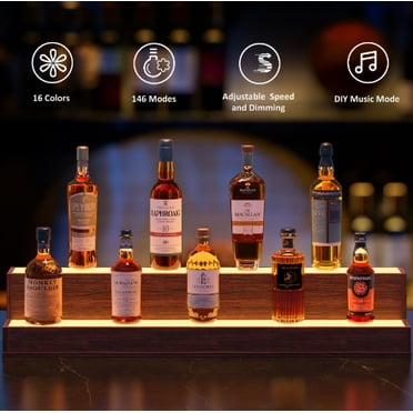 LED 38 Inch Bar Display Shelf, DIY Illuminated Bottle Shelf with App & Remote Control, 2 Step Freestanding Holding Bottles for Home Bar, Party, Walnut