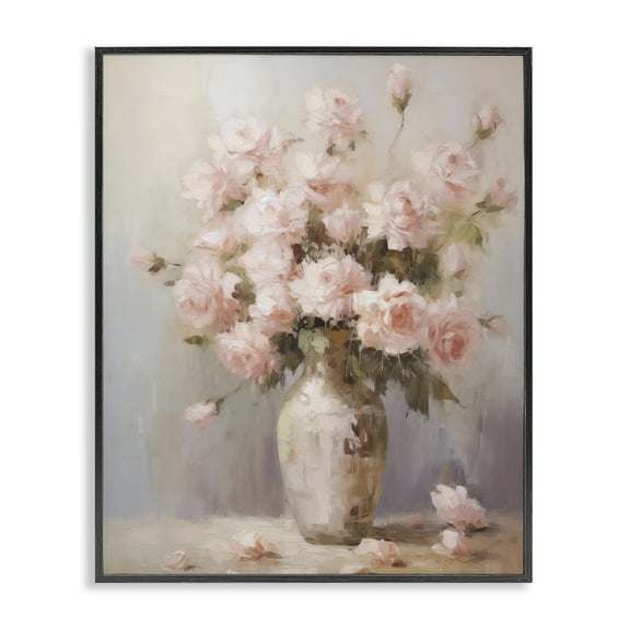 Stupell Industries Vase of Soft Pink Roses Floral Painting Black Framed Art Print Wall Art, 11 x 14