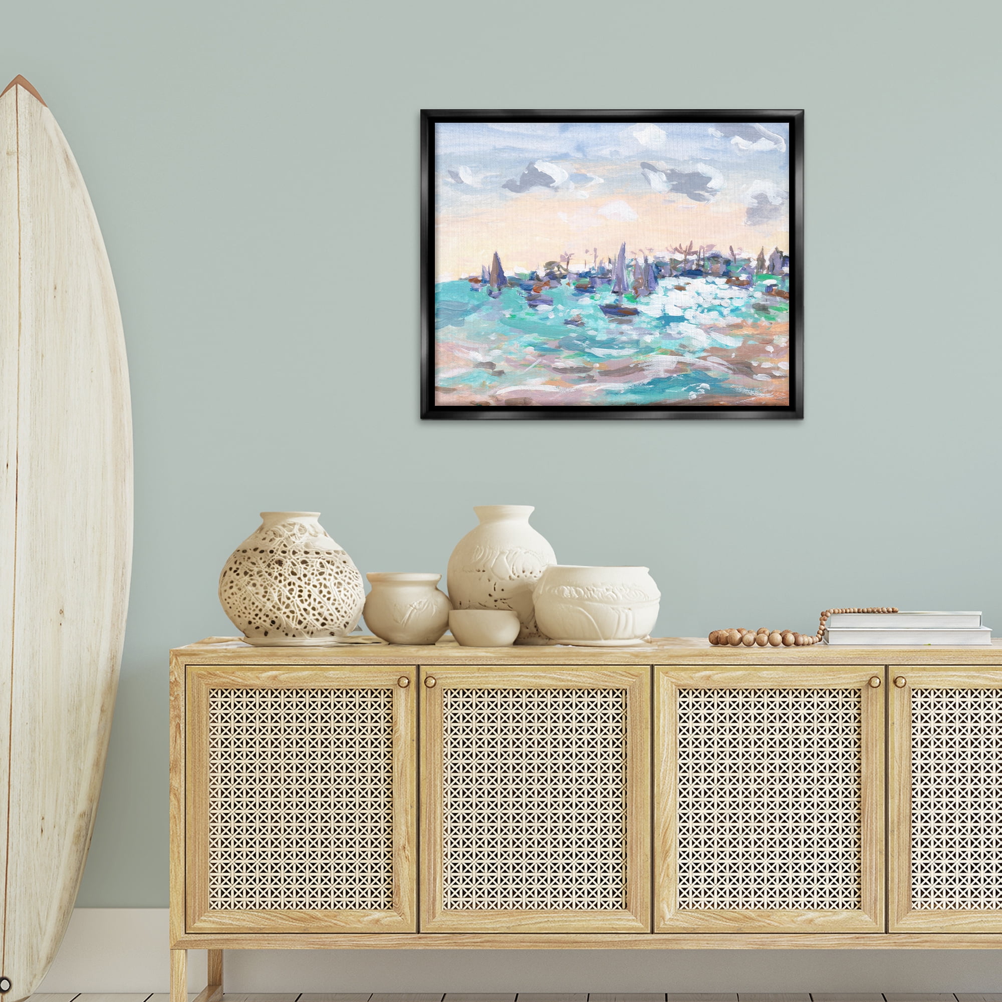 Stupell Industries Sailboats in Rushing Waves Nautical & Beach Painting Black Floater Framed Canvas Art Print Wall Art, 31 x 25