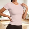 thumbnail image 2 of Women Solid Crew Neck Athletic T-Shirt, Slim Quick Dry Breathable Yoga Top Fitness Loungewear Tee Pink-crew neck M(M), 2 of 5