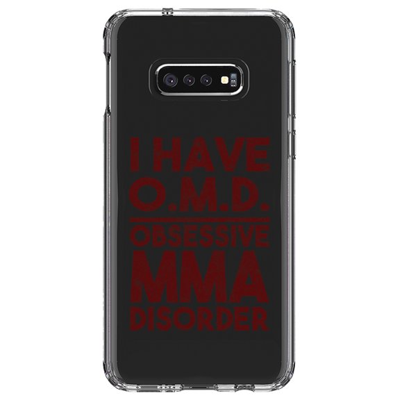 DistinctInk Clear Shockproof Hybrid Case for Samsung Galaxy S10e (5.8" Screen) - TPU Bumper Acrylic Back Tempered Glass Screen Protector - I Have OMD - Obsessive MMA Disorder