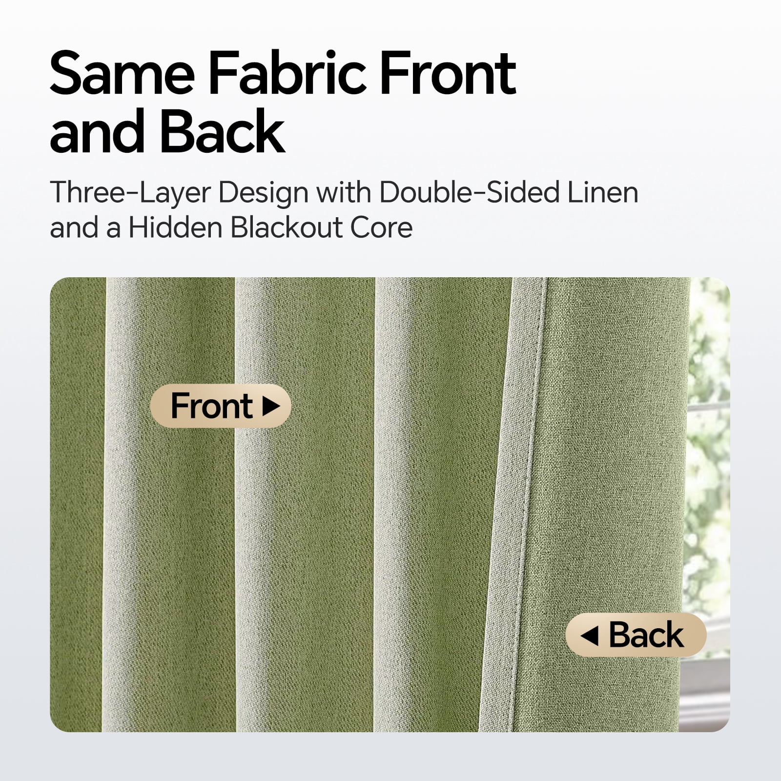 TURKIO 100% Blackout Linen Curtains for Living Room Bedroom, Sun-Reflective Thermal Insulated Heavy Duty Curtains, 52"x84",2 Panels Per Pack,Green