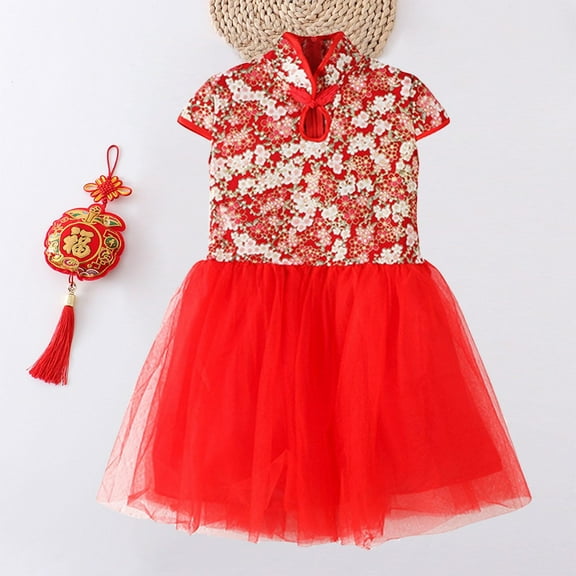 EQWLJWE Little Girls Cheongsam Tutu Dresses Traditional Chinese Embroidery Short Sleeve Mesh Princess Gauze Dress for New Year Wedding Party Stage Performance(6M-9Y,Red)