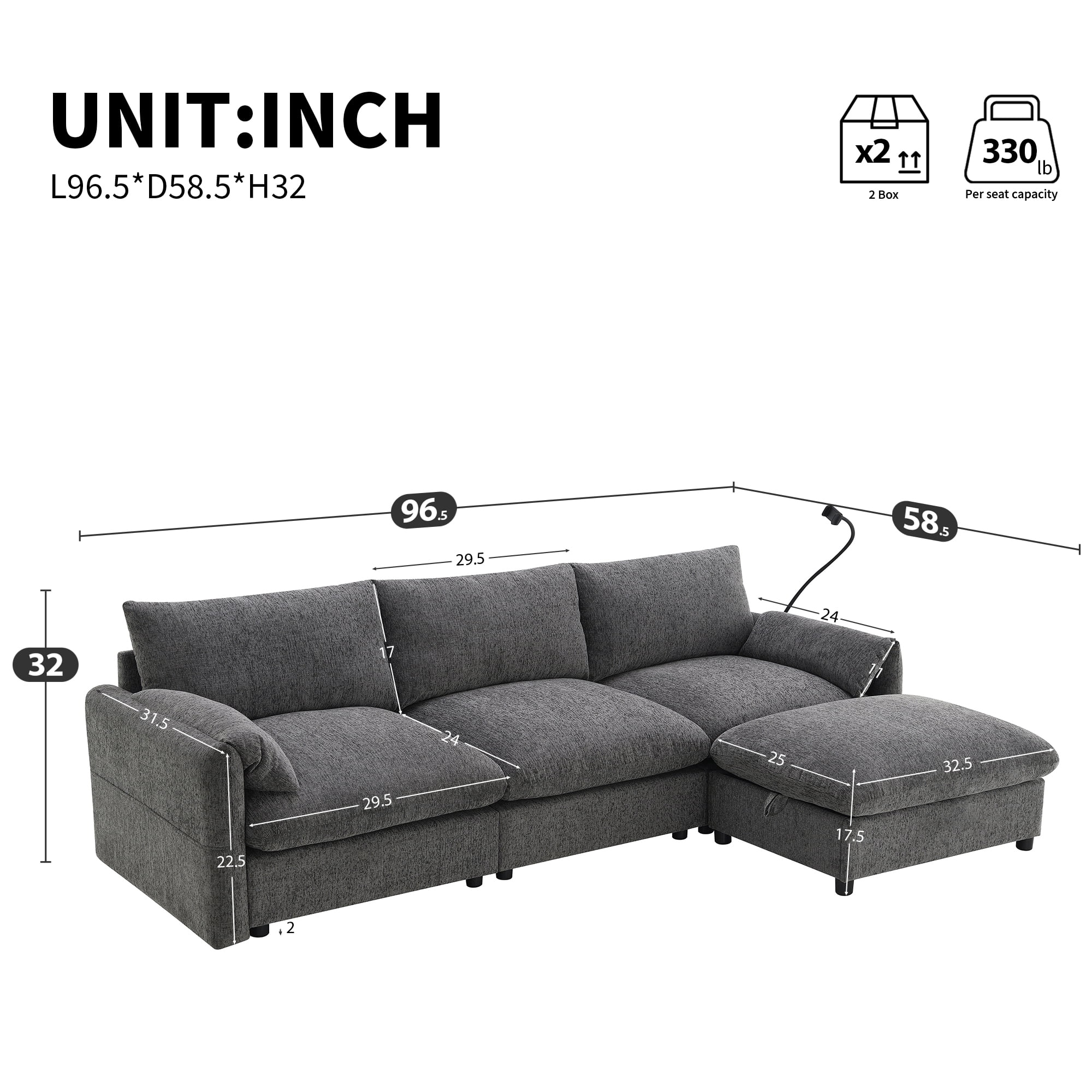Euroco 96.5'' L-Shaped Sectional Sofa with Storage Ottoman and Pockets, Adjustable Phone Holder, USB Charger, Elephant Ear-Shaped Armrests, Comfy Seat for Living Room&Apartment