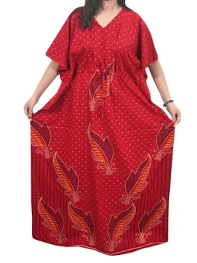 Mogul Womens Beautiful Printed Kimono Caftan Dress Cotton Red V-Neckline Nightwear 2XL