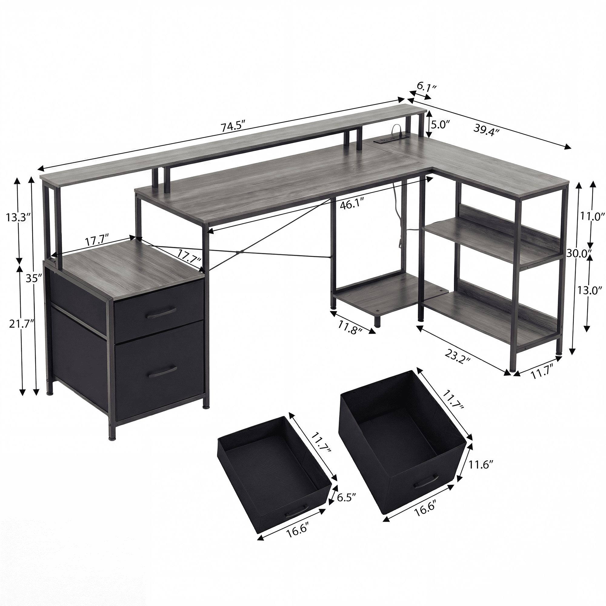IULULU 75" Reversible L-Shaped Gaming Desk with Power Outlet and LED Strip, Computer Desk with Storage Shelves for Home Office, Gray