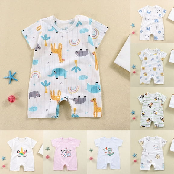 NIEWTR Newborn 18-24 Months One-Piece Jumpsuit Baby Romper Cartoon Baby Bodysuit Cute Short Sleeved Baby Romper A18-Sky Blue