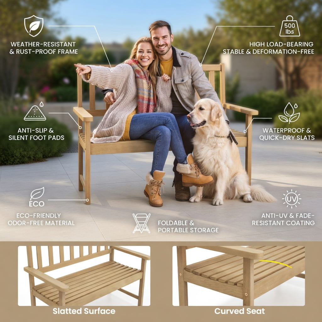 Hommoo Indonesia Teak Wood Outdoor Garden Bench for 2, Rustic Patio & Backyard Seating with Backrest, Armrests & Slatted Design, Natural