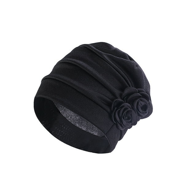 Sonducket Poliéster Damas Turbante Lavable Color sólido Elegante Gorra tradicional Oficina Compras Head Wrap Diadema Bonnet Sombreros Negro Sonducket AP010879-01