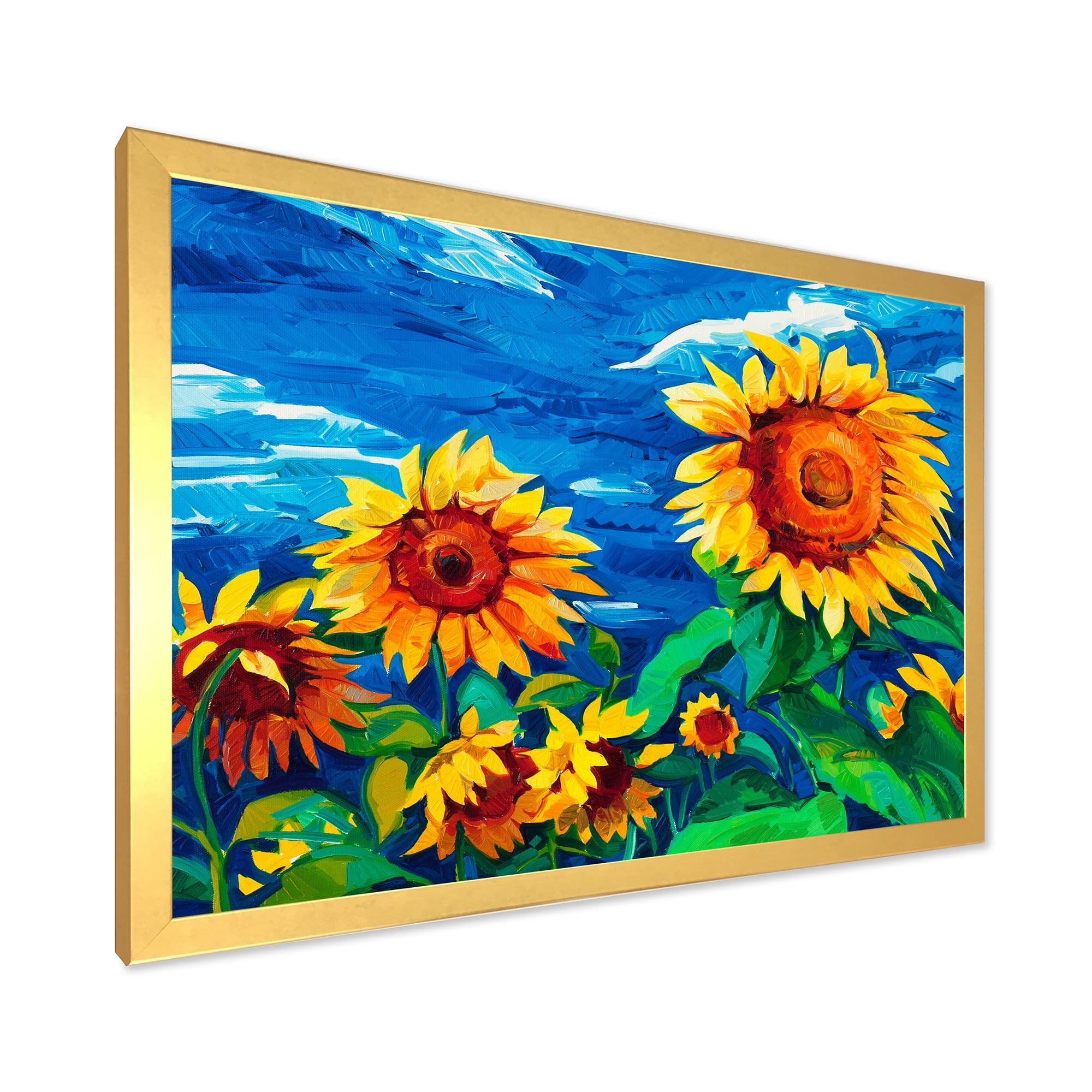 Designart 'Sunflowers Field Under A Bright Blue Sky' Traditional Framed Art Print