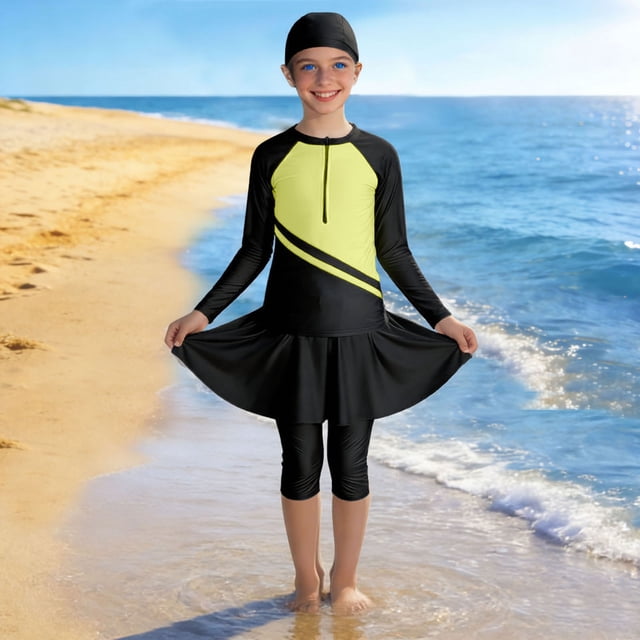 Odeerbi 2-13 Años Niñas Color Bloque 3 Piezas de Manga Larga Rash Guard Set Upf 50 + Traje de Baño Seco Rápido + Baño Capris Con Falda + Gorra de Baño