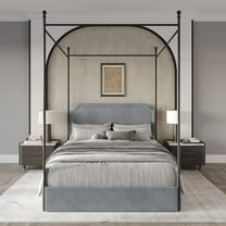 Castle Place Sleek Upholstered Nailhead Trimmed Queen Metal Platform Bed with 4 Storage Drawers, Light Grey