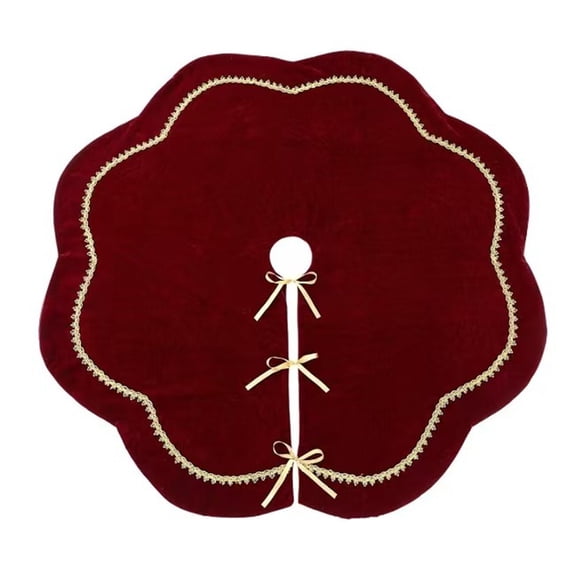 Selrti Christmas Tree Skirt Velvet Furry Scallop Tree Skirt with Gold Lace Trim for Rustic Xmas Holiday Home Indoor Party Decor