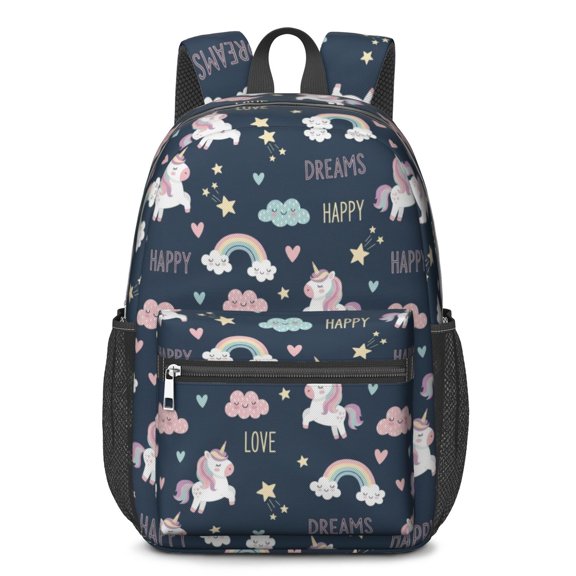 Unicorn and Rainbow Blue Pattern 17" School Backpacks for Teens,Waterproof Oxford Fabric,S-Shape Padded Straps for School,Travel,Hiking,Camping