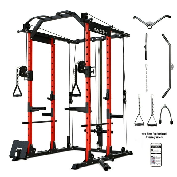 Mikolo Power Rack Cage, Weight Rack with Cable Crossover Machine,Multi-Function Squat Rack with J Hooks,Dip Bars and Landmine for Home Gym Red