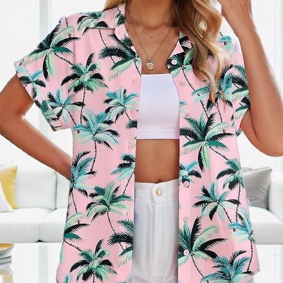 Hawaiian Shirts for Women Summer Tropical Print Button Down Shirts Casual Beach Shirts Pink XXL