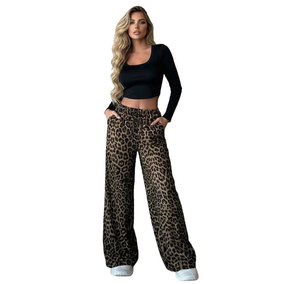 HCYSFG Cheetah Print Pants For Women Leopard Print Trousers High Waisted Drawstring Waist Wide Leg With Pockets Bottoms