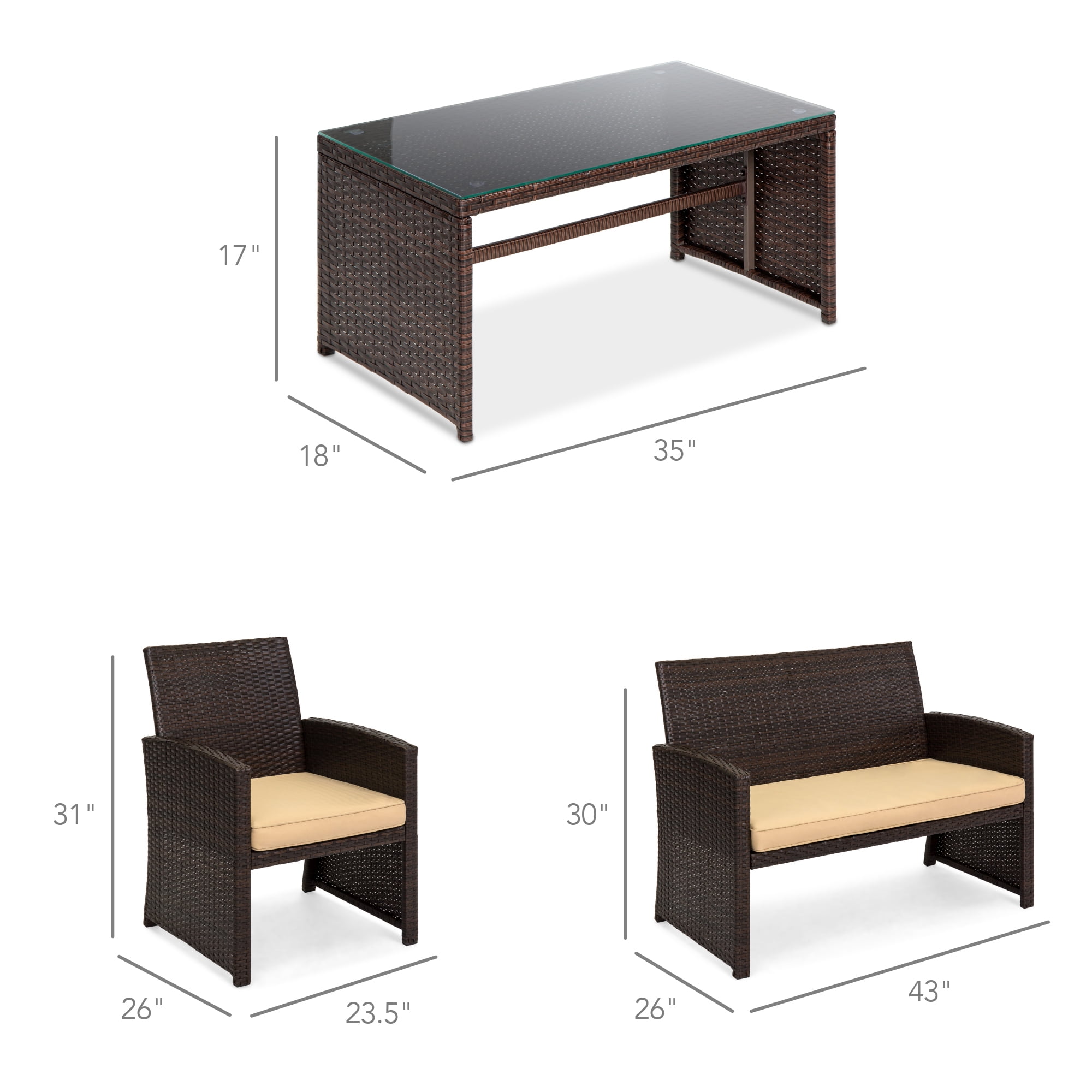 Best Choice Products 4-Piece Outdoor Wicker Patio Conversation Furniture Set w/ Table, Cushions - Brown/Beige
