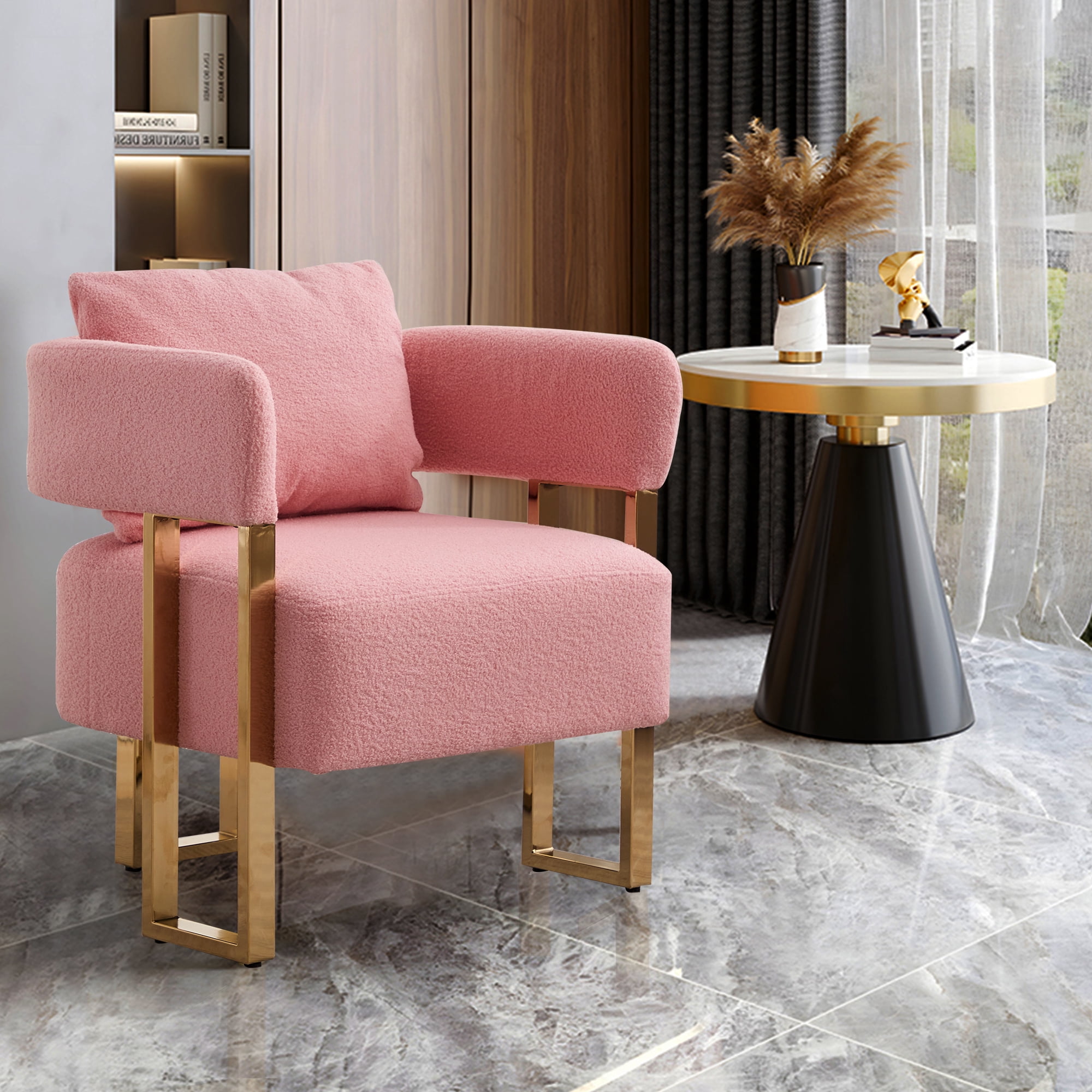 Leumius Teddy Accent Chairs Set of 2,Morden Upholstered Armchair Dining Side Chairs with Gold Metal Legs for Dining Kitchen Living Room,Pink