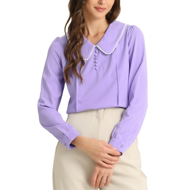 INSPIRAR CHIC Blusa de Manga Larga con Cuello Peter Pan y Botones Decorativos en la Espalda, Color Lila Claro