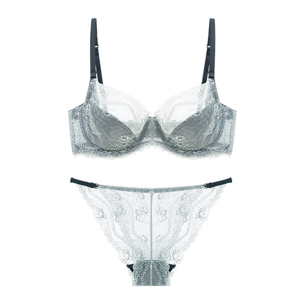 Gibobby Conjunto Lencería Tanga Y Bralette Pantalones cortos de ropa interior de encaje sexy para mujer con conjunto de sujetador transpirable de pecho lateral(Gris, 75B)